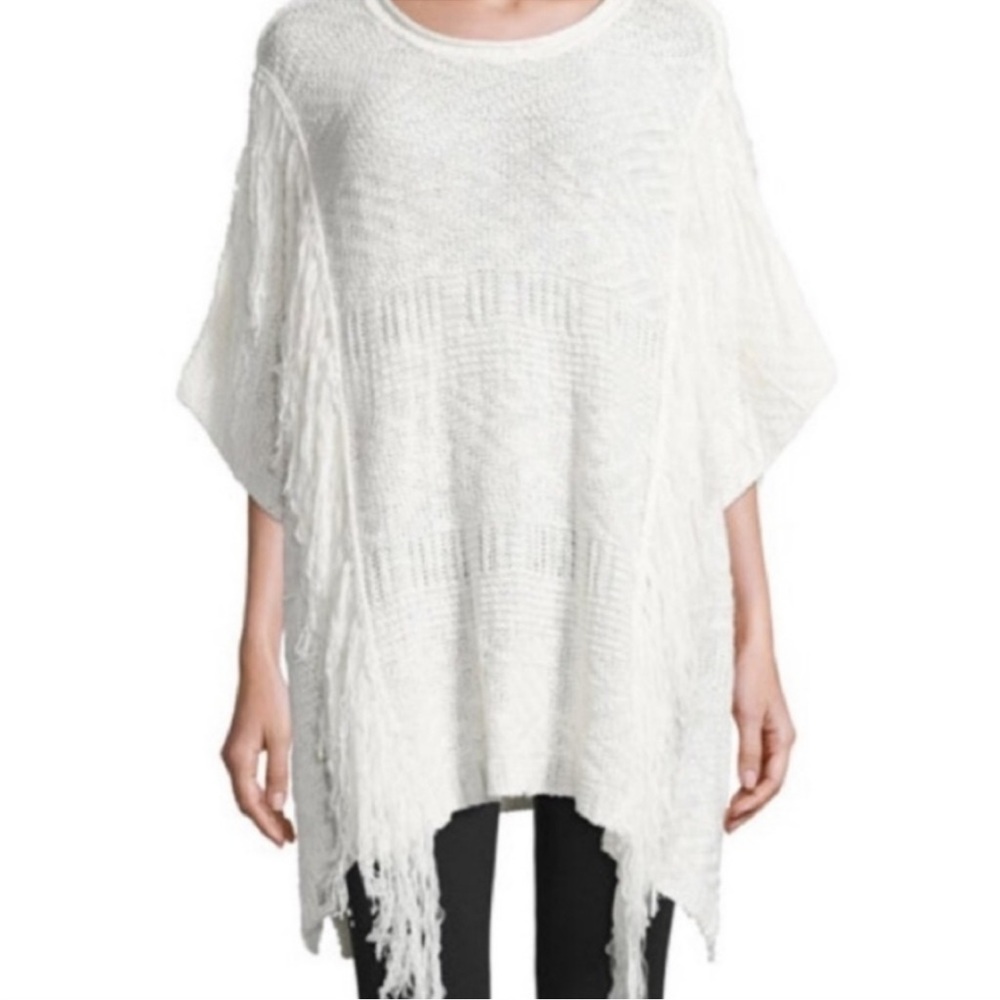 Neiman Marcus Off White Knit Fringe Poncho Sweater Large